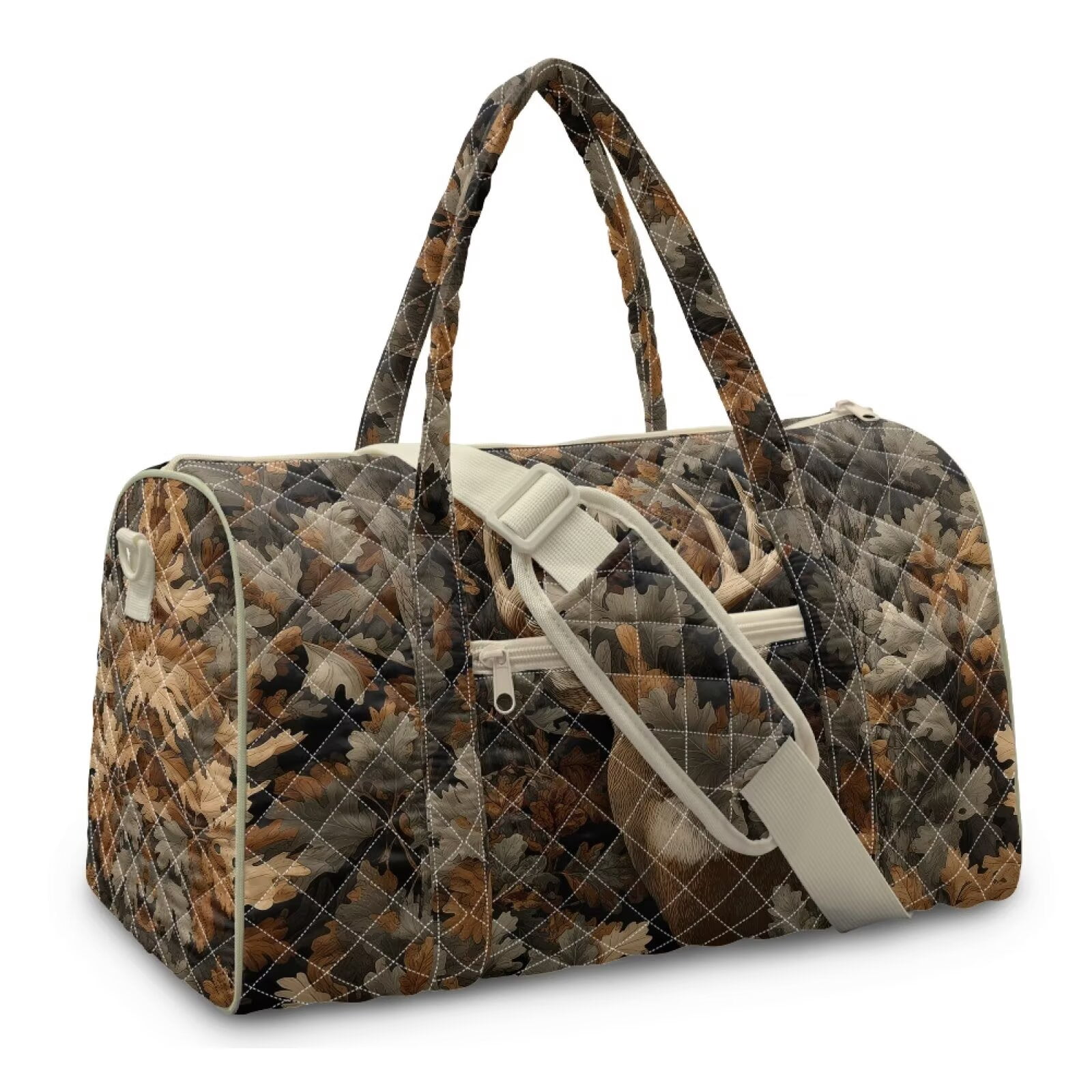 Garronmavis Deer Forest Print Large Quilted Duffle Bag for Women, Weekender Travel Bag Carry On Tote with Zipper Pockets, Gym Dance Overnight Bag with Luggage Sleeve