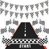 6.6 x 2 Feet Long Racetrack Floor Running Mat, 6.6 Feet Checkered Racing Pennant Banner, 10 Pieces Checked Black and White Race Flags with Sticks for Race Car Party Decorations, Sport Event, Festivals