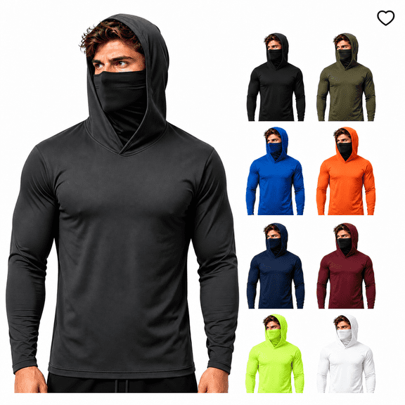 Greenink Men's Hooded Sun Protection Long Sleeve Shirt with Built-in Face Mask, Lightweight Quick Dry Fishing Hiking Outdoor Shirt
