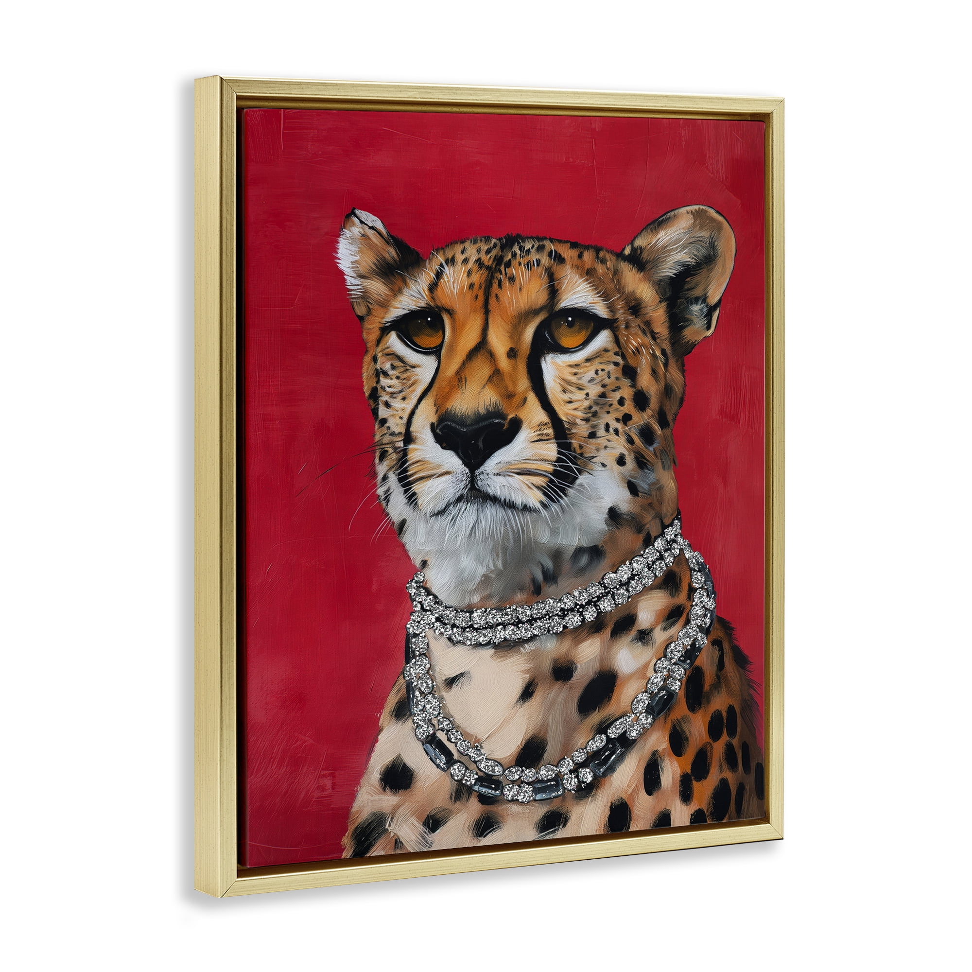 Stupell Industries Leopard Royalty with Necklace Animals Painting Gold Floater Framed Canvas Art Print Wall Art, 17 x 21