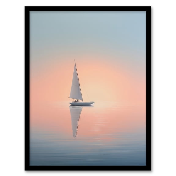 Simple Sail Boat Reflection Sea Ocean Sunset Minimalist Serenity Art Print Framed Poster Wall Decor 12x16 inch