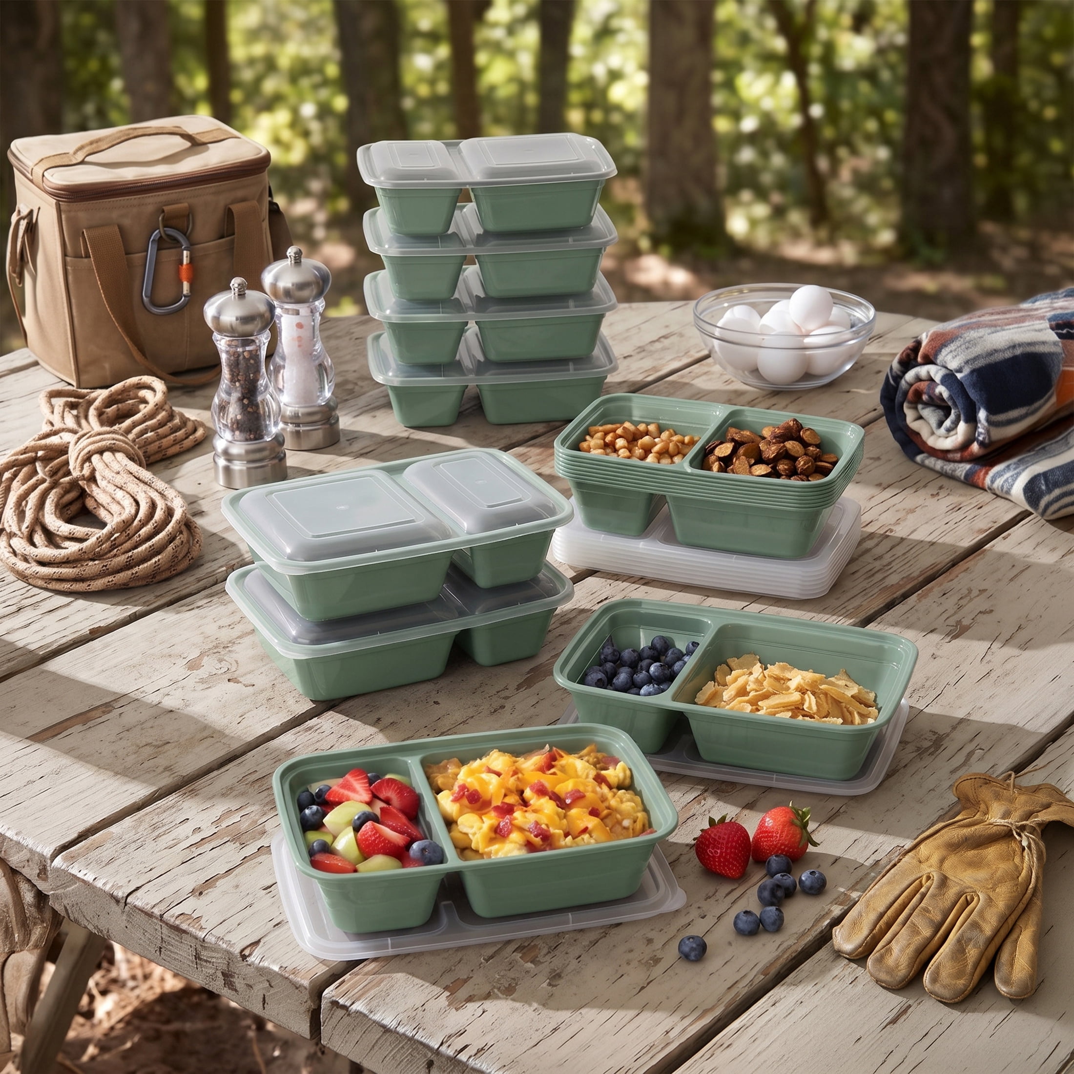 Mainstays 15-Pack 2-Compartment BPA-Free Meal Prep Food Storage Containers, Green Sage