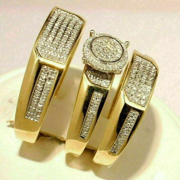 Bluebelljewels 14K Yellow Gold Finish His Her Trio Set 1.50Ct Round Cut Cubic Zirconia