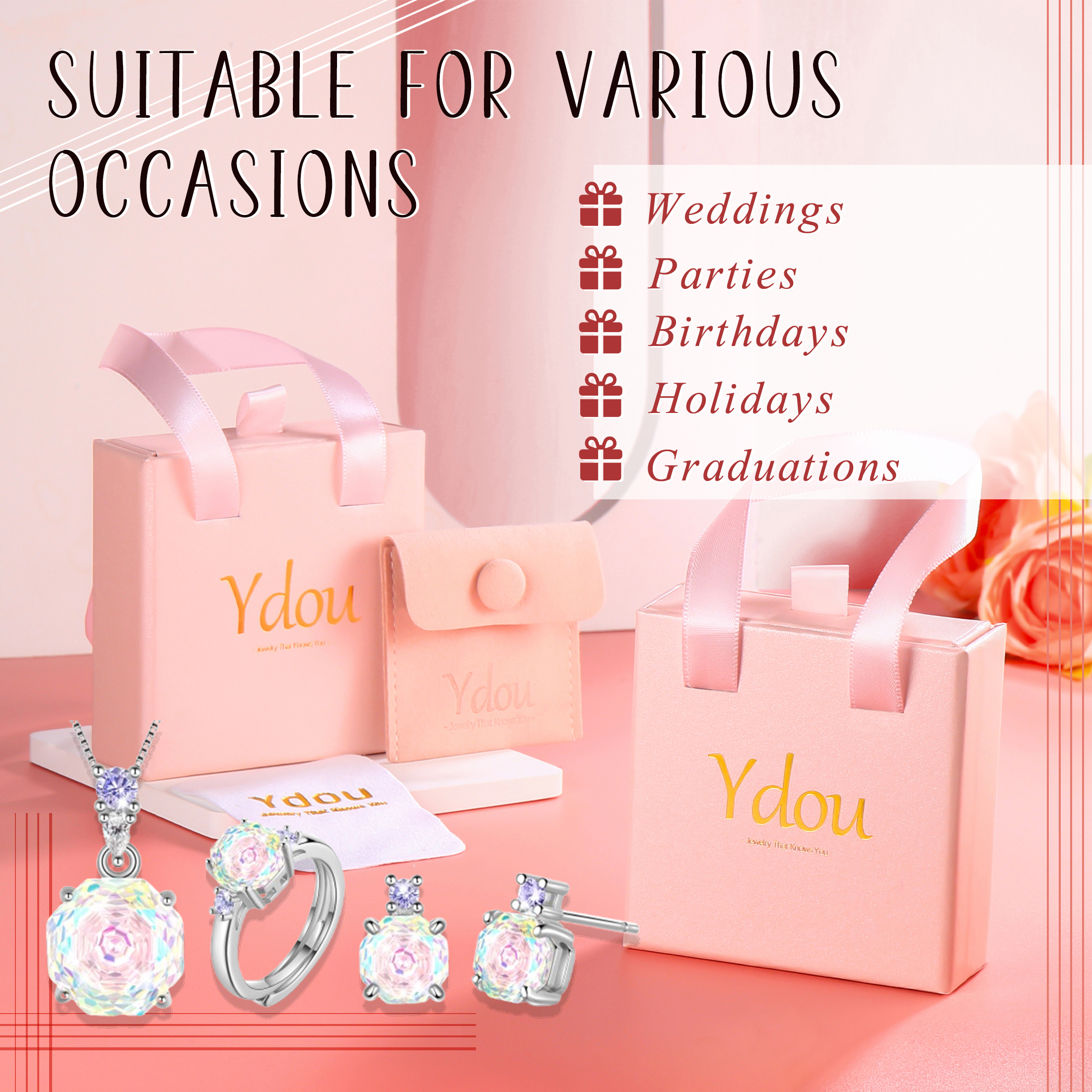 Ydou Rose Jewelry Set - 18K White Gold Plated Rose Cut Cubic Zirconia Flower Necklace/Earrings/Ring Set Anniversary Birthday Jewelry Gift for Women