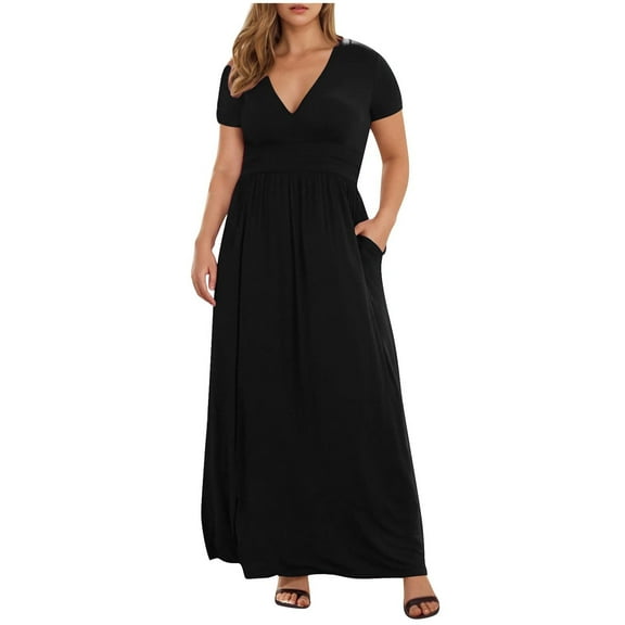 Edvintorg Womens Dresses Fashion Solid Color V-Neck Short Sleeve Casual Summer Maxi Dresses with Pockets Plus Size Dresses for Curvy Women