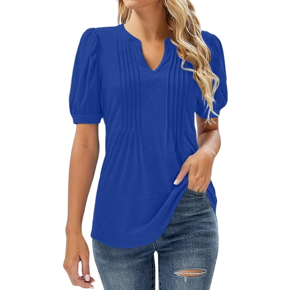 T Shirts For Women Womens Tops V Neck Tops Puff Short Sleeve T Shirt Pleated Floral Printed Tunic Blouse Shirts