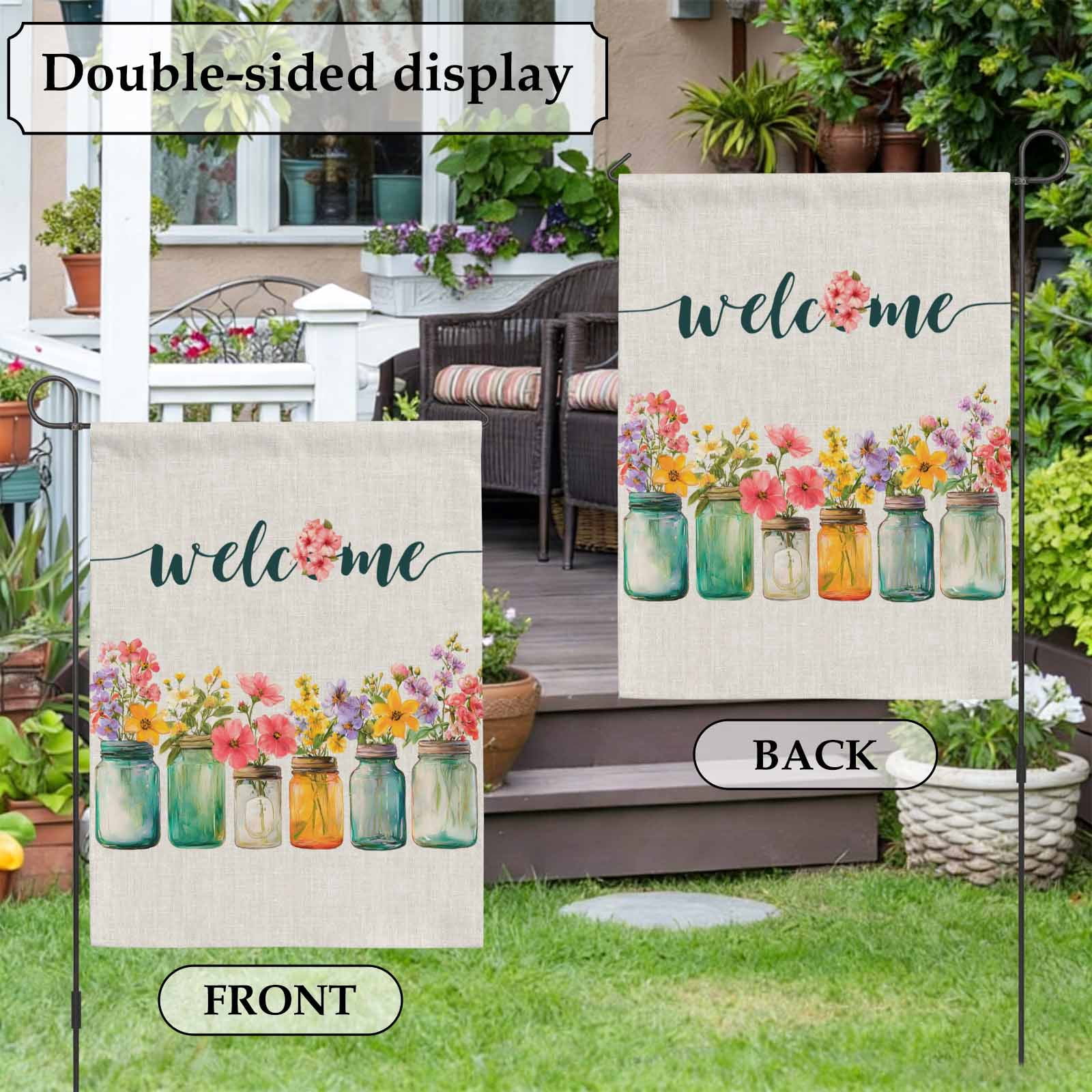 Welcome House Flag 28 x 40 Inches, Wildflowers Vintage Mason Jars Farmhouse Retro Weather Proof Outdoor Patio Flags Double Sided Small House Decoration for Yard Lawn Outside Home