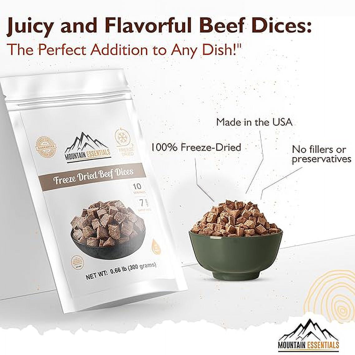 (Pack of 6) Mountain Essentials Freeze Dried Beef Dices Protein Packed Meal (300g Pouch)| Emergency Long Term Supply | Hiking, Backpacking & Camping | Easy Prep Survival Food ✅