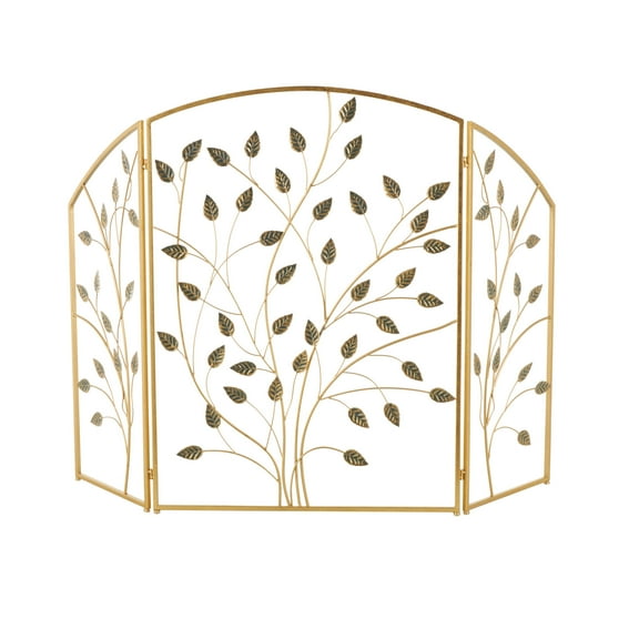 DecMode 29" x 38" Gold Metal Foldable 3 Panel Leaf Fireplace Screen, 1-Piece