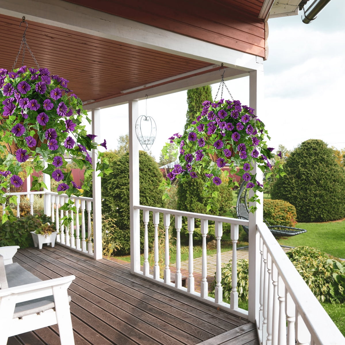Artificial Hanging Flowers in Basket,Lvy Basket with Artificial Morning Glories Flowers Hanging Plant for The Decoration of Courtyard, Outdoors and Indoors(Purple)