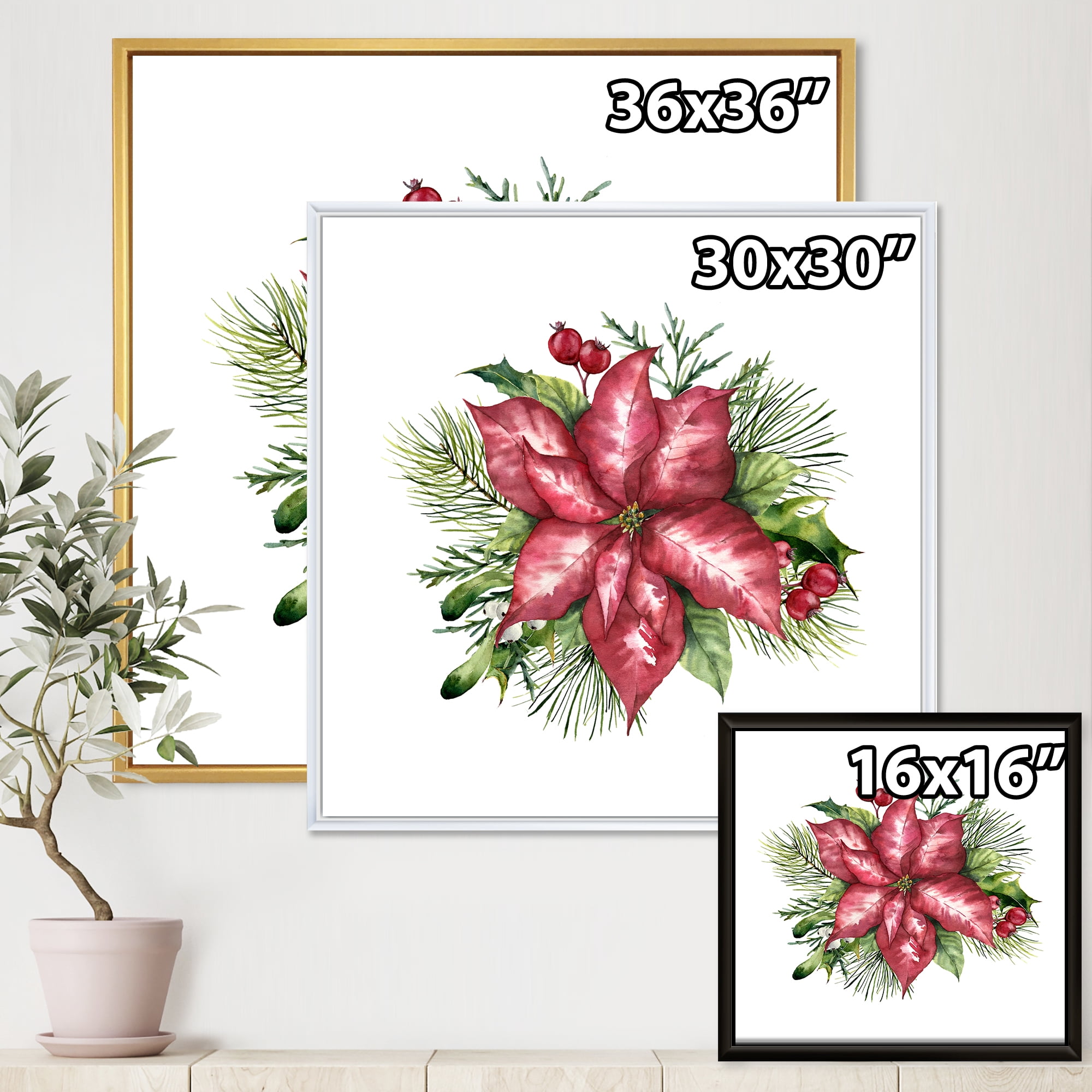 Designart 'Christmas Fir Branch and Holly Mistletoe Berries III' Traditional Framed Canvas Wall Art Print