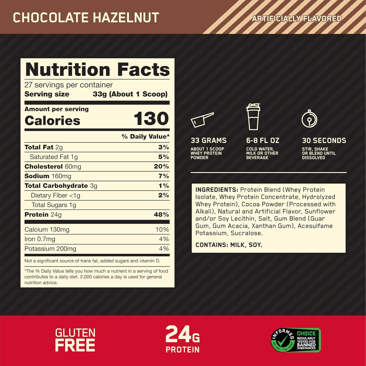 Optimum Nutrition, Gold Standard 100% Whey Protein Powder, 24 g Protein, Chocolate Hazelnut, 2 lb, 27 Servings