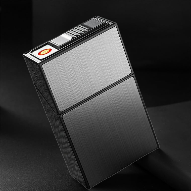 metal cigarette case with lighter Clearance!Cigarette Case with Lighter,King Size 20pcs Cigarettes 1 Pack  Rechargeable Flameless Windproof Electric Lighter Makeup Mirror, Gift  Package,Black