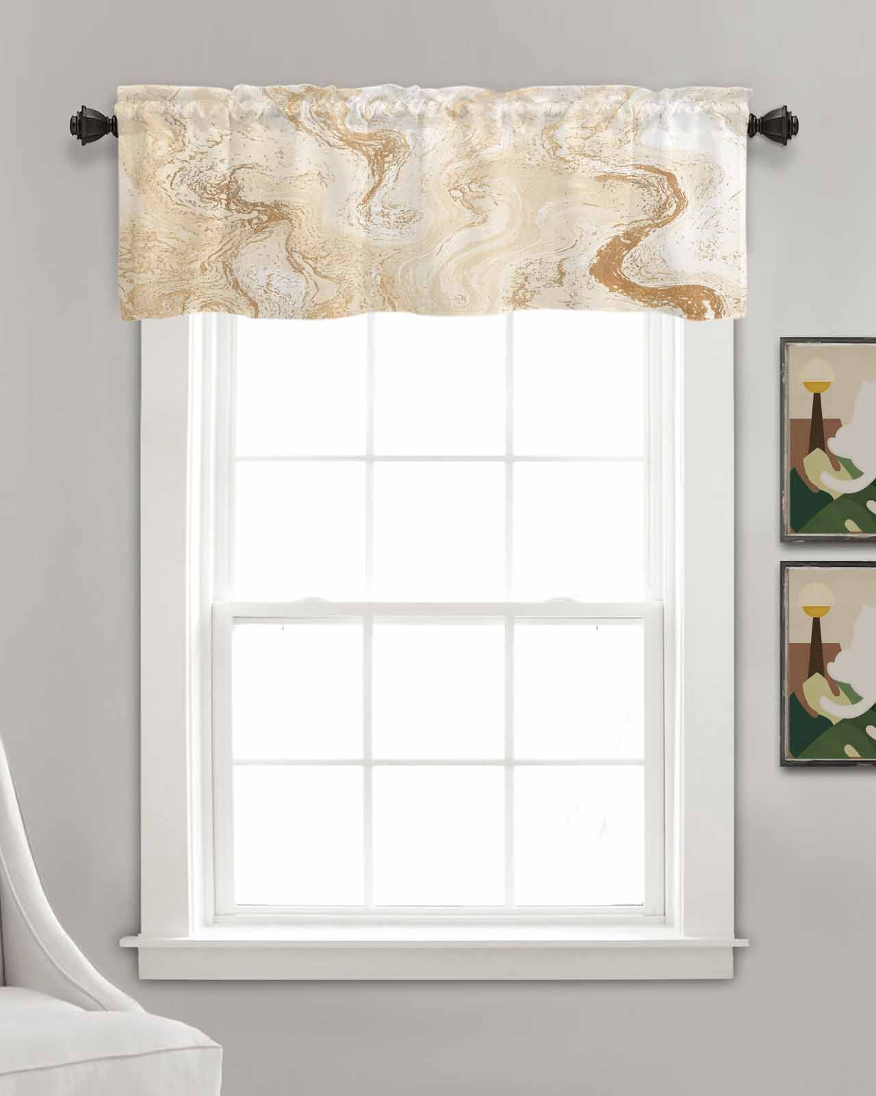 Beige Marble Kitchen Valances for Windows Farmhouse Linen Window Valance Curtain for Living Room Window Treatment Chic Neutral Minimalist Fluid Aesthetic Valance Rod Pocket Topper Drape, 60 x 18 Inch