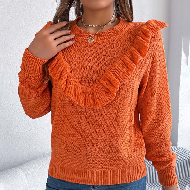 Suéter de cuello redondo para mujer, moda de invierno, informal, cuello redondo, elegante, color sólido, con volantes, manga larga, suéter, blusa de poliéster para mujer