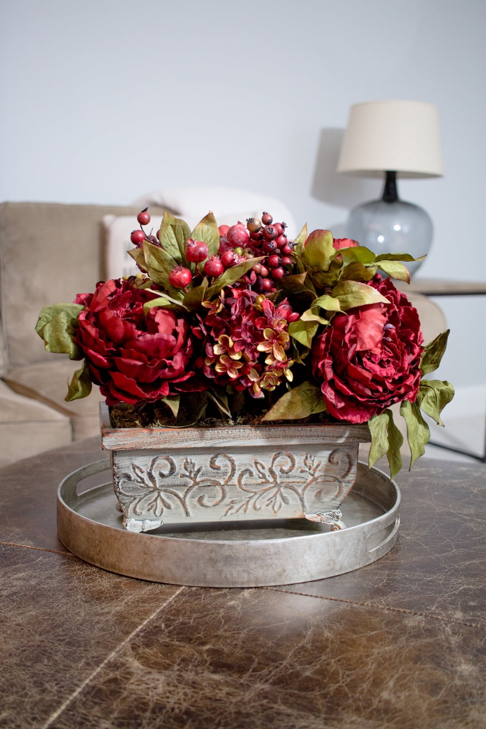 Nearly Natural Peony & Hydrangea Artificial Flower Arrangement, Red