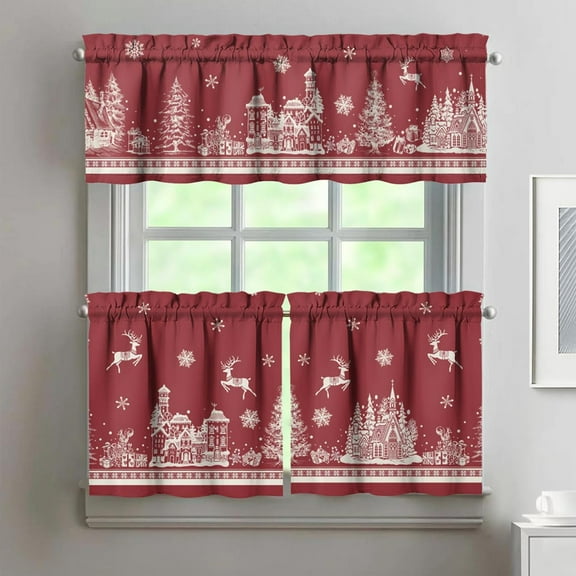 Christmas Kitchen Curtains and Valances Set of 3,Red Christmas Elk Snowflake Christmas Kitchen Decor, Winter Xmas Curtains and Valances Short Curtain Set for Kitchen Bedroom Holiday Decor 24 Inch