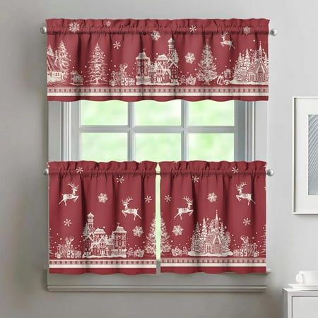 Christmas Kitchen Curtains and Valances Set of 3 - Red Elk Snowflake Decor  Winter Xmas Short Curtain Set for Bedroom Holiday Decor 24 Inch