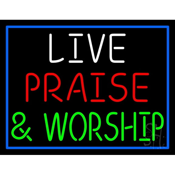 Live Praise And Worship Blue Border LED Neon Sign 15" Tall x 19" Wide - inches Black Square Cut Acrylic Backing, with Dimmer - Premium built indoor Sign for Home décor, Religious place, Store.