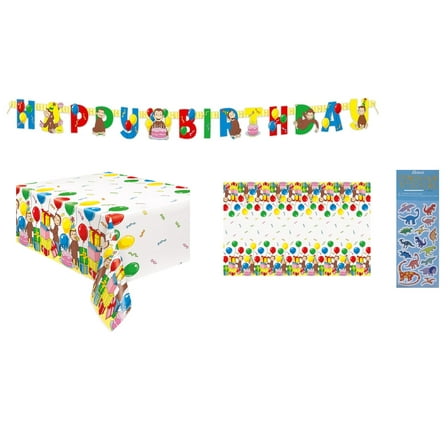 Curious George Birthday Party Supplies Bundle includes 1 Happy Birthday Banner 6ft, 1 Plastic Table Cover 54" x 84", 1 Dinosaur Sticker Sheet
