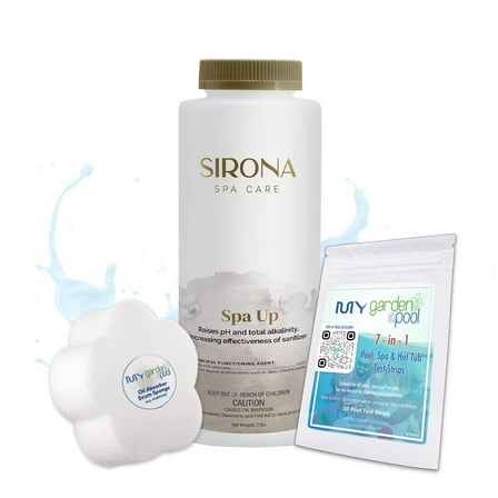 Sirona 82100 Spa Up, 2 LBS  Includes My Garden Pool 20 Ct. Test Strips & Scum Sponge  Raises pH & Alkalinity for Balanced & Clear Spa Water