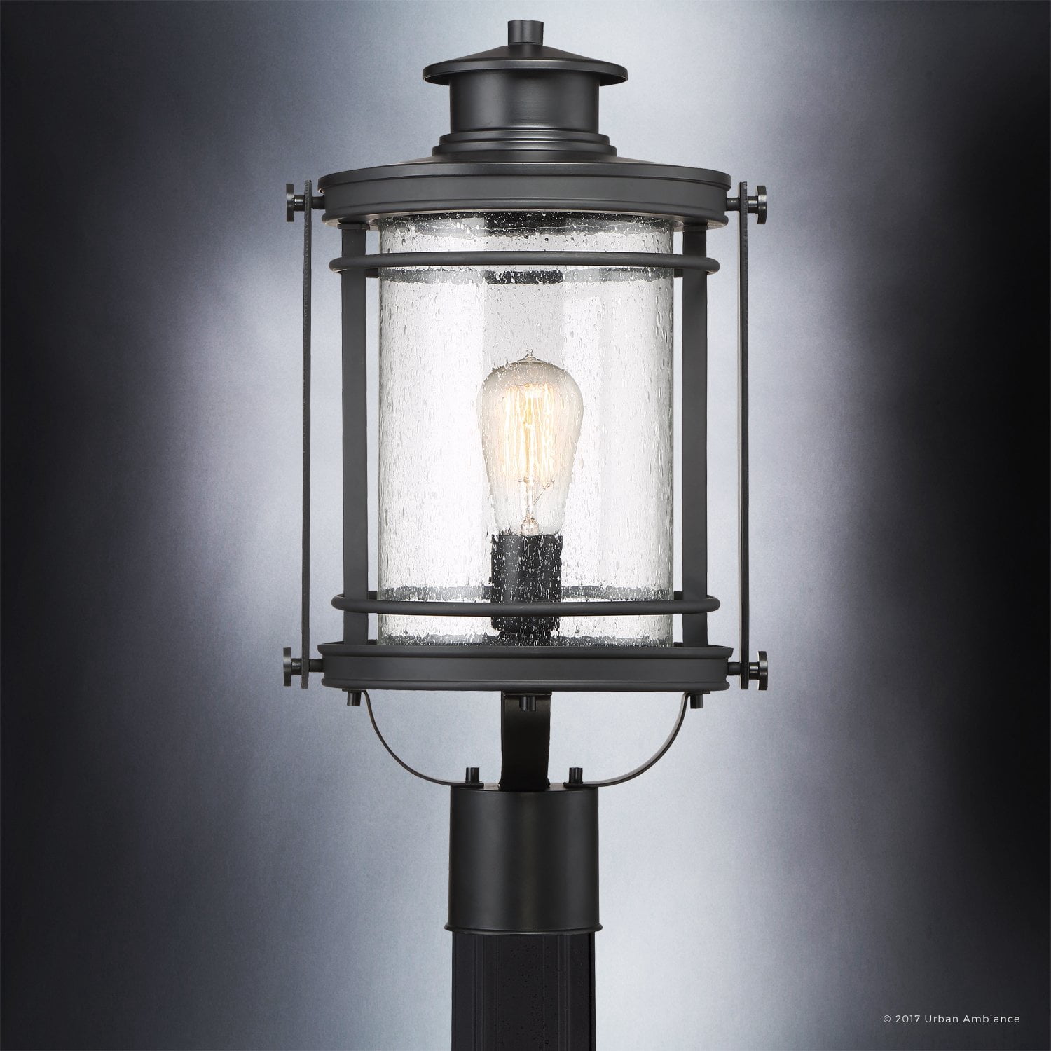 Urban Ambiance Luxury MidCentury Modern Outdoor Post Light, Medium Size: 19.5"H x 10.5"W, with Craftsman Style Elements, High-End Black Silk Finish and Seeded Glass, Includes Edison Bulb, UQL1010