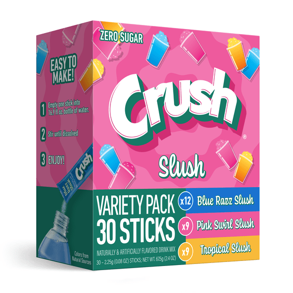 Crush Slush Powder Drink Mix Variety Pack, Blue Razz, Pink Swirl & Tropical, 30 Sticks
