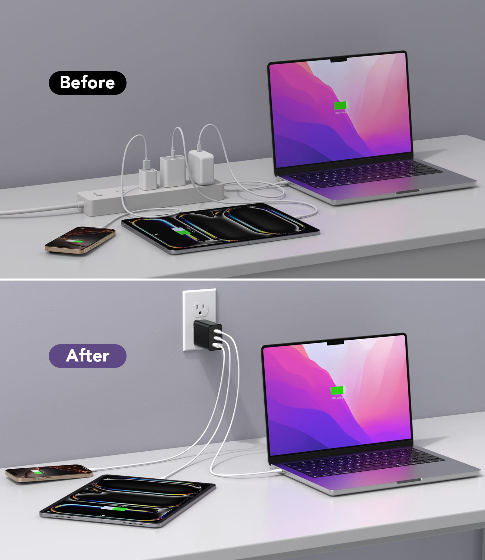 TAOHAI 65W 3-Port USB C Fast Charger Block with 6.6ft Cable - PD GaN Tech for iPhone 16, MacBook, Samsung Galaxy, iPad