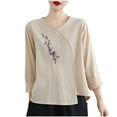 thumbnail image 2 of Busydd Plus Size Womens Tops M-4XL Casual Solid Color 3/4 Length Sleeve Going Out Tops for Women Trendy V Neck Embroidered Spring Summer Tops Comfy Peasant Cotton Linen Shirts, 2 of 5