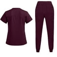 thumbnail image 2 of DENGDENG Burgundy Scrubs Sets for Women Stretch Nursing Uniform Short Sleeve V-Neck Scrub Top & Jogger Pants Work Nurse Trendy Scrubs Set with Pockets,Wine S, 2 of 5