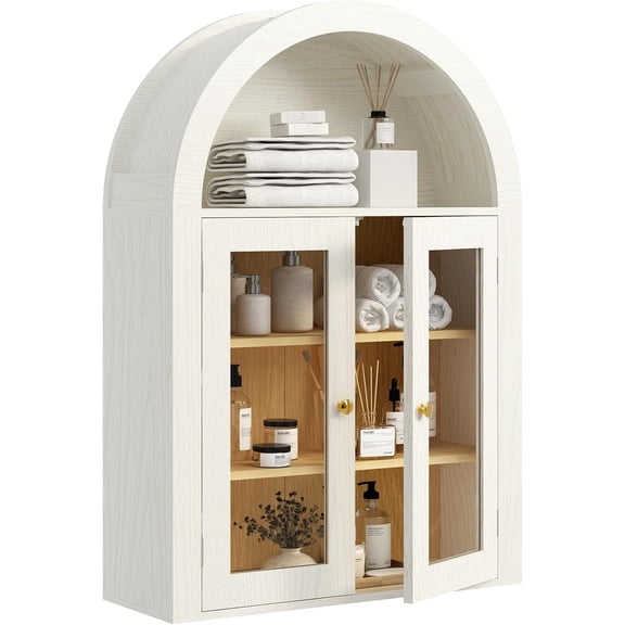 Ludatido Bathroom Medicine Cabinets with 2 Doors, Wall Mounted Medicine Cabinets with Adjustable 4 Shelves, Arched Design Medicine Cabinet with Glass&Semi-Circular Storage for Bathroom Wood Grain