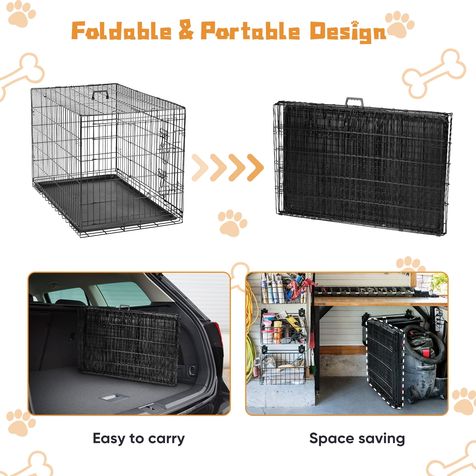 EDX Small Dog Crate with Divider Panel, 24" Double Door Folding Metal Wire Dog Cage with Plastic Leak-Proof Pan Tray