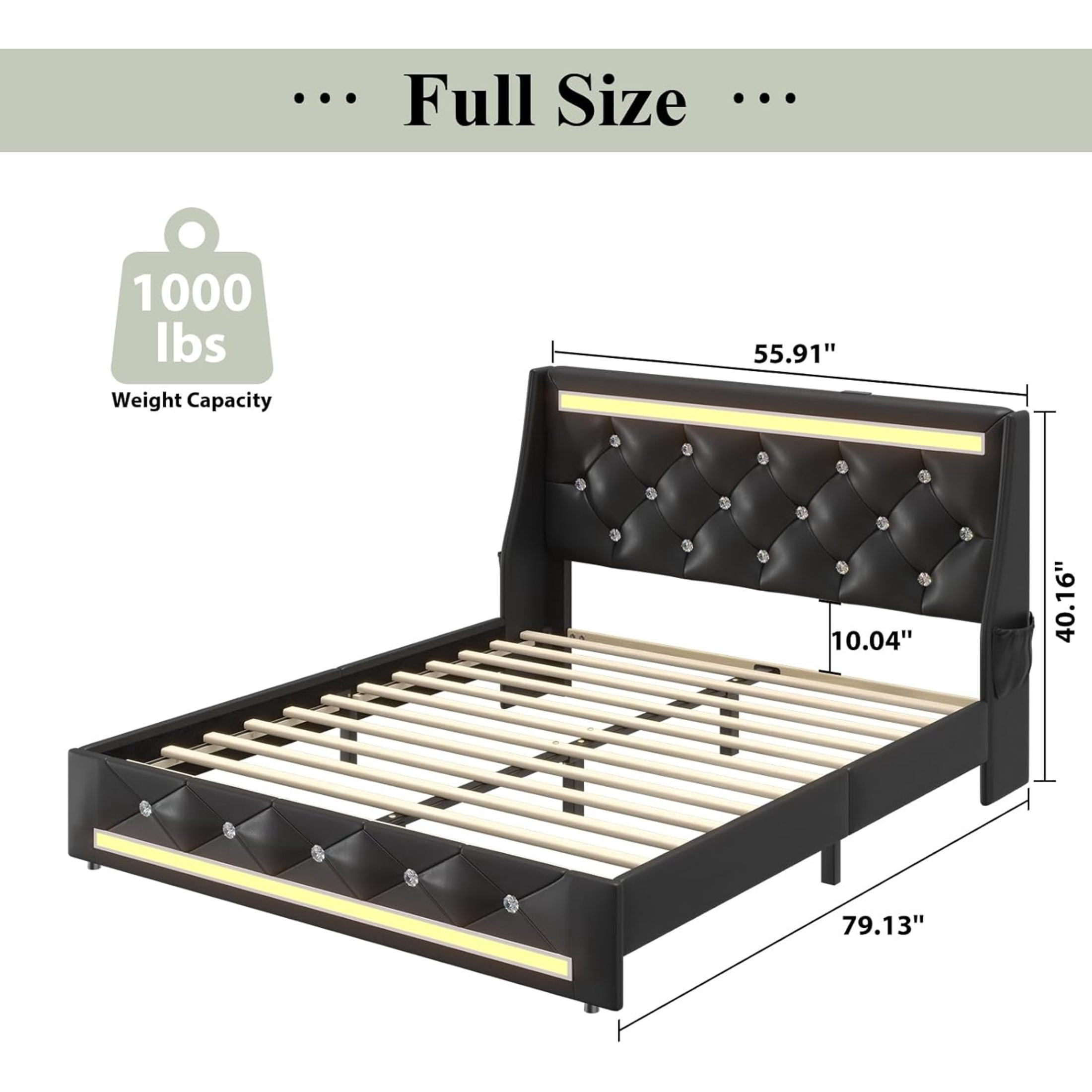 Noble House Eille Full Size Upholstered Bed Frame with LED Lights & Charging Station, Diamond Headboard, Black