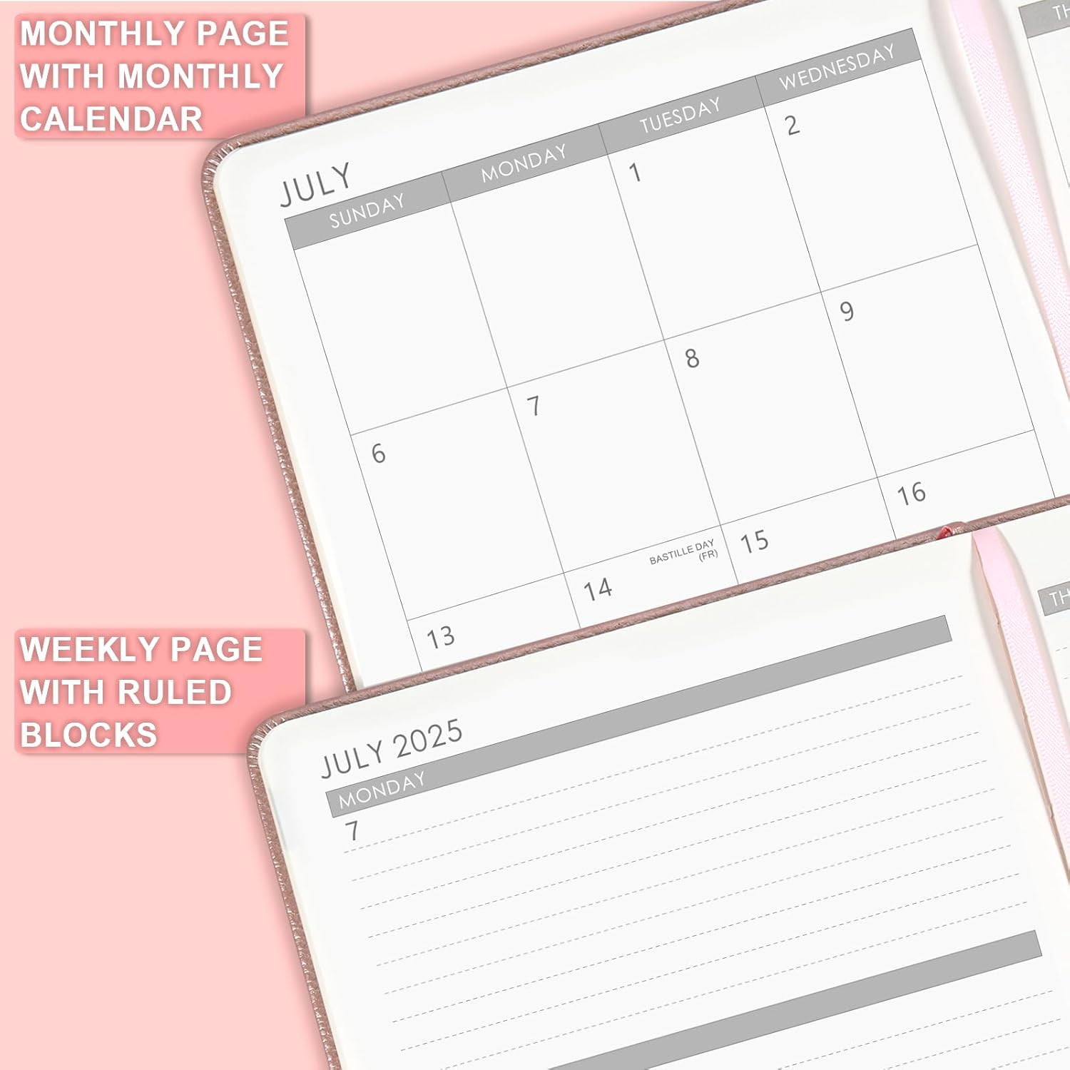 2025-2026 Planner - Academic planner 2025-2026, 25-26 Planner Weekly and Monthly, 5.75" x 8.25", Jul. 2025 - June. 2026, Saffiano Leather with Thick Paper, Back Pocket with 40 Notes Pages - Rose Gold
