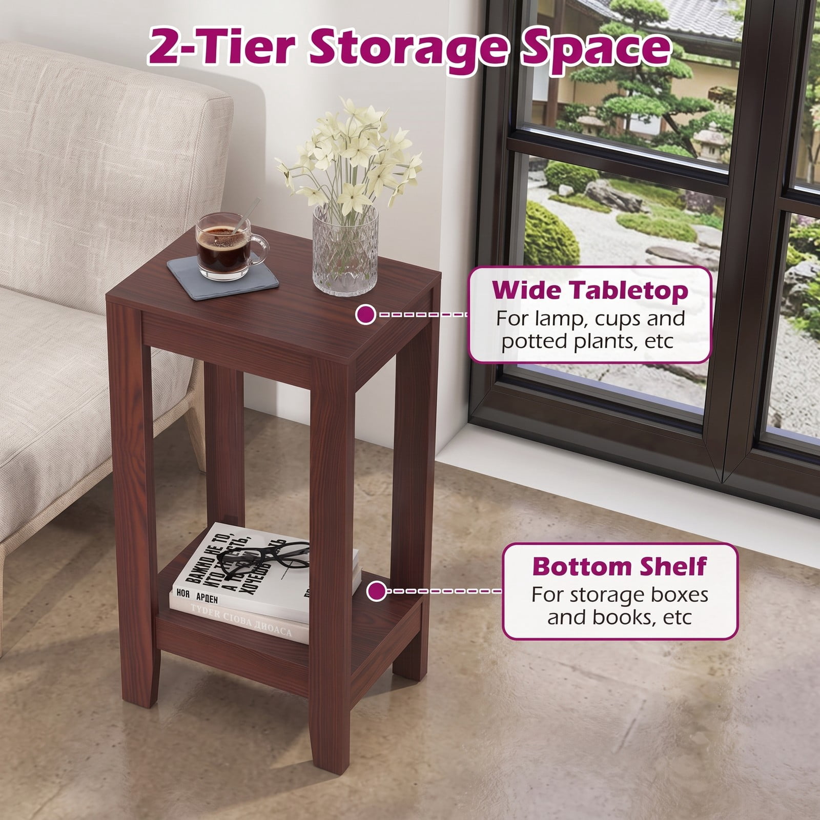 Furnibear Tall Wooden Sofa End Table 2-Tier Side Table with Storage Shelf and Sturdy Legs for Living Room Bedroom, Anti-Toppling Narrow Nightstand Accent Table, Brown