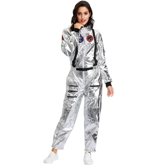 DHFJKG Astronaut Dress Up Onesie Unisex Adult Jumpsuits Carnival Outfit Metallic Stand Collar Front Zipper One-Pieces For Halloween Stage Performance Wear