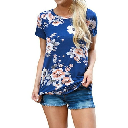 Nlife Women Floral Print Short Sleeve Round Neck T-shirt
