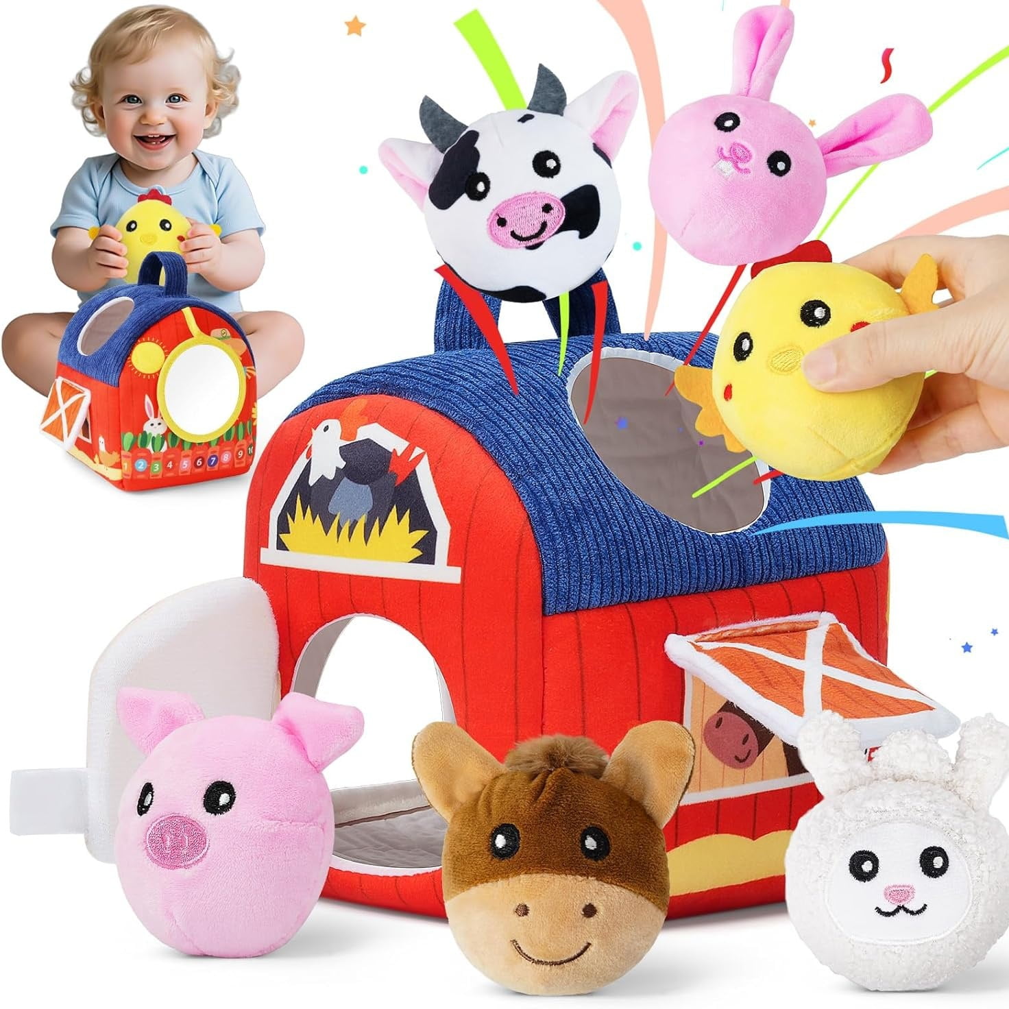 Baby Plush Toys 6-12 Months – Farm Animal Barn Set 6Pcs Sensory Montessori Gift for 1-3 Year Old