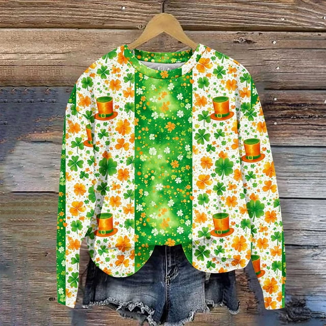 Xuyuer St. Patrick's Day Round Neck Sweatshirt for Women Lucky Shamrock Long Sleeve Shirt Ireland Gift Clover Print Fit Casual Pullover Fashion Loose Tops