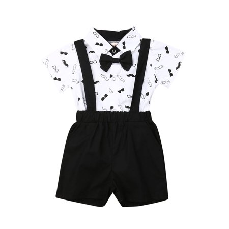

Gwiyeopda Baby Boys Outfit Short Sleeve Mustache Bow Folded Collar Romper Short Suspender Pants Little Gentleman Set