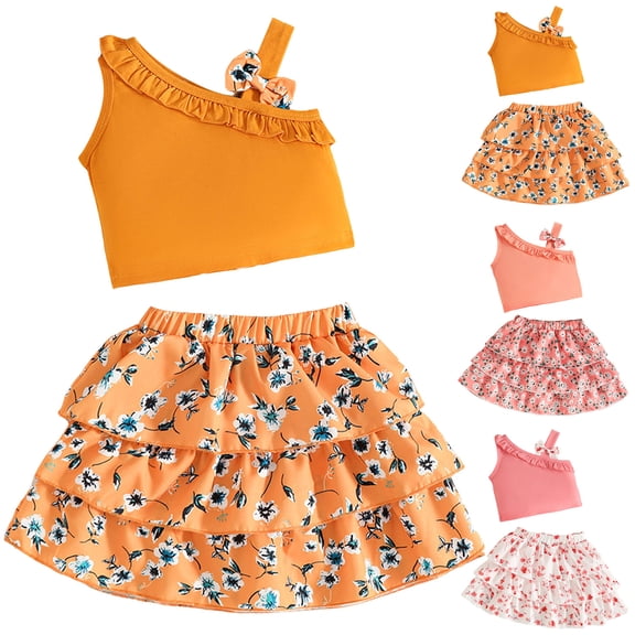 Pandaie 12M-4Y Baby Girls Outfits Ruffle Off Shoulder Crop Tops Floral 3 Layered Tutu Skirt Dress Set Toddler Summer Beach Casual Clothes Light Pink 12M(9-12 Months)
