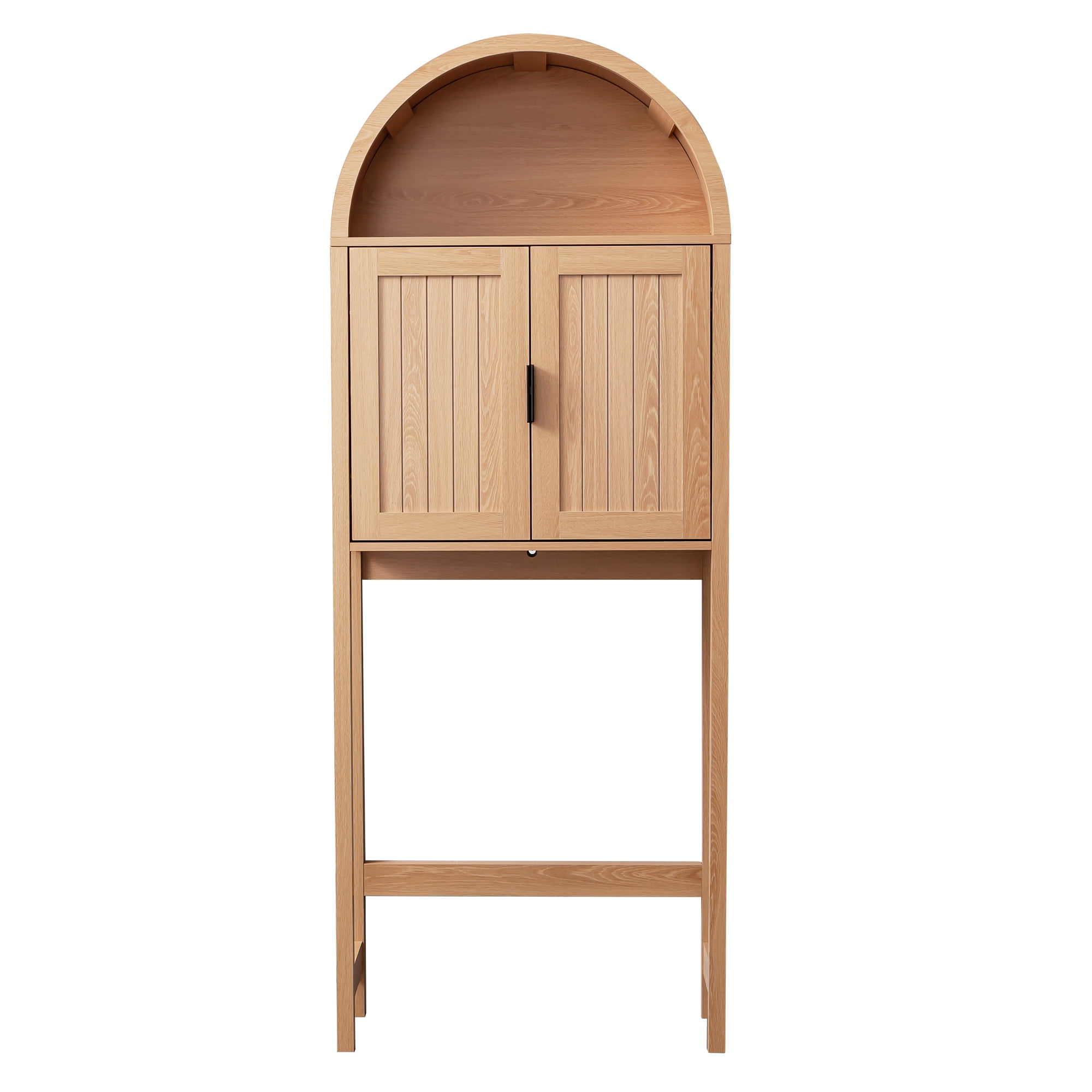 OONNEE 71" Arched Over the Toilet Storage Cabinet with 0.6" Thick MDF Frame, Freestanding Bathroom Organizer with 5-Position Adjustable Bar and Soft-Close Doors, Natural Wood