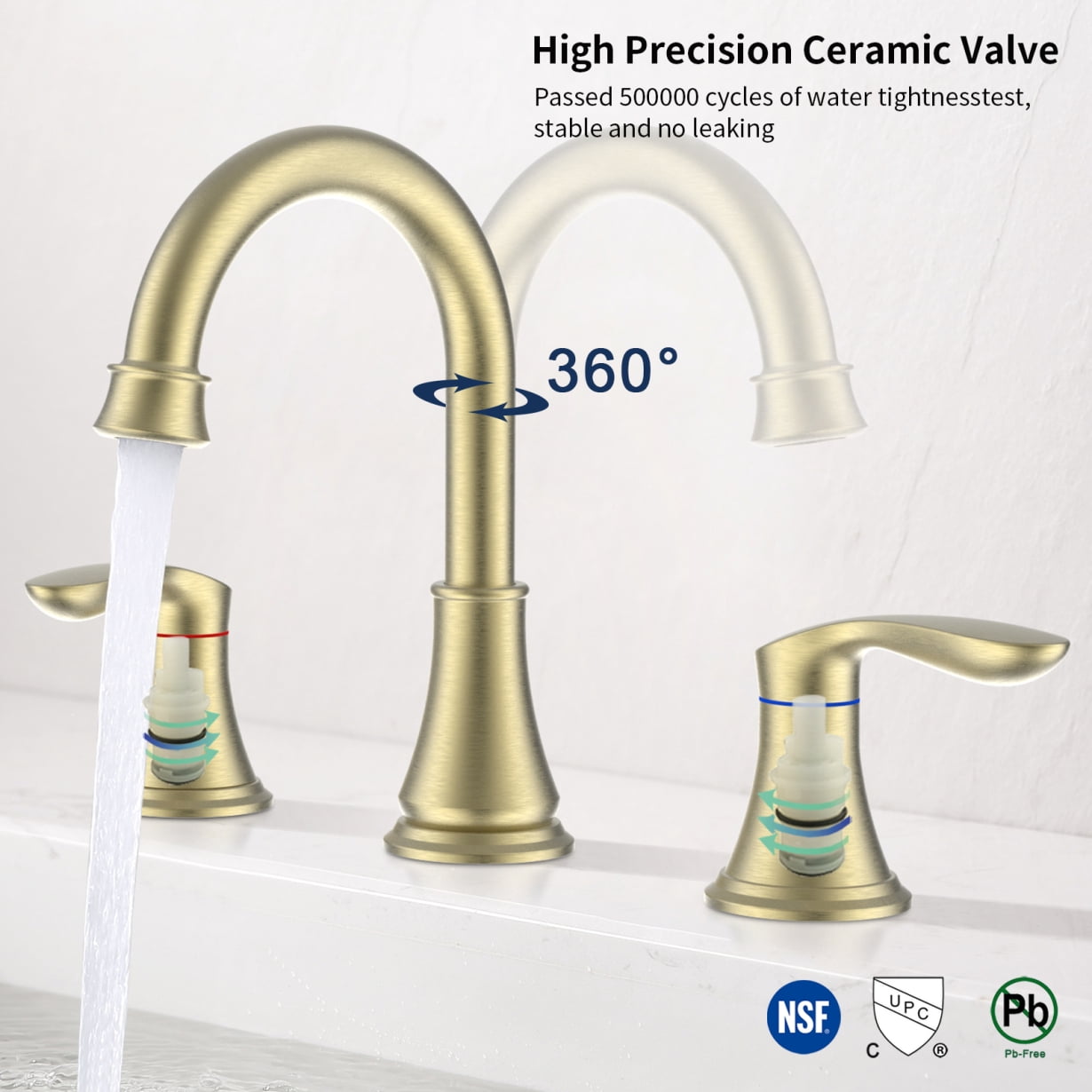 2 Handle 8 Inch Widespread Bathroom Sink Faucet with Pop-Up Drain, High Arc Modern Bathroom Vanity Lavatory Faucet 3 Holes with Brass 360° Swivel Spout, Gold
