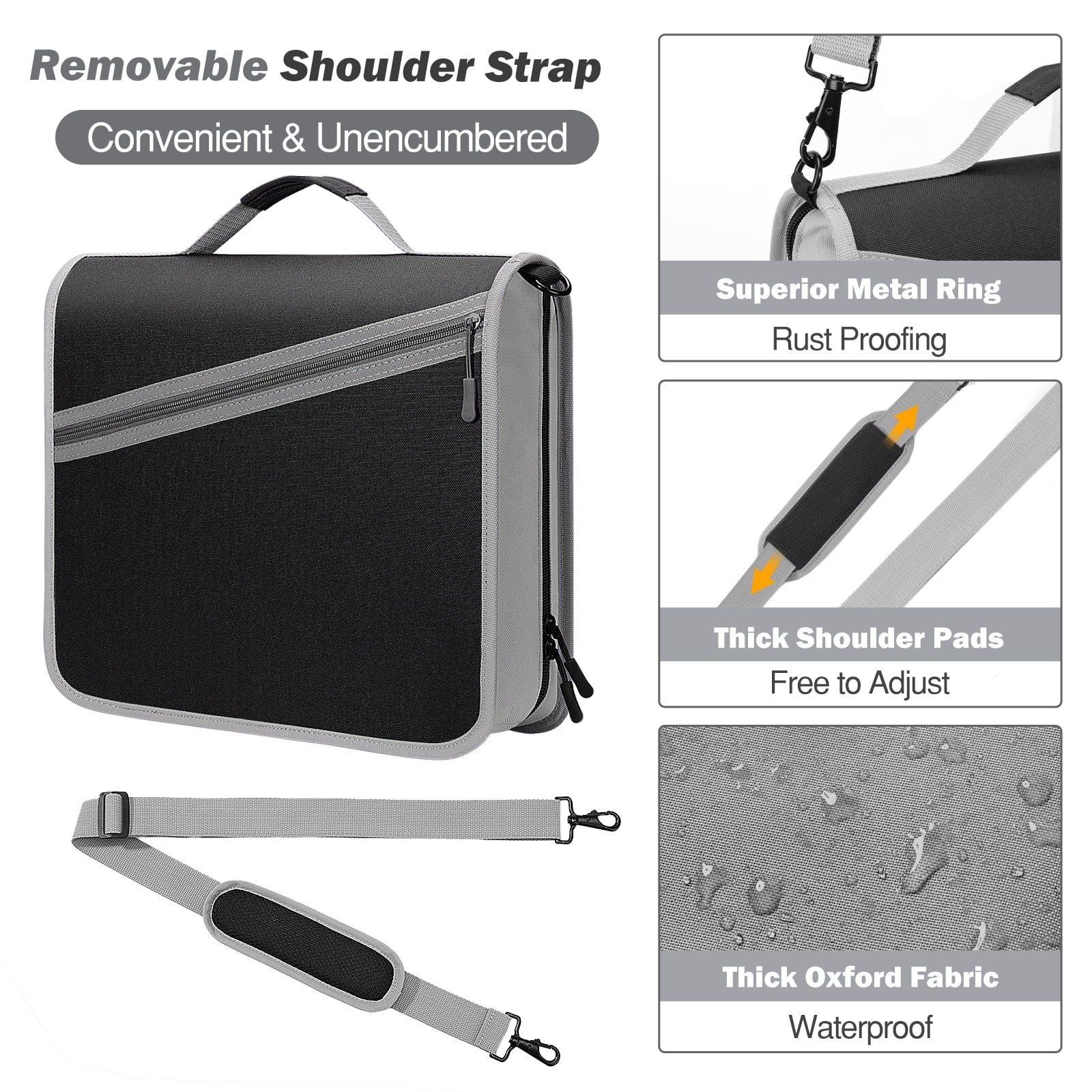 MoKo Zipper Binder, 3 inch 3 Ring 600 Sheet Capacity Multi-Pocket School Binder with Handle and Shoulder Strap, School Supplies, Black