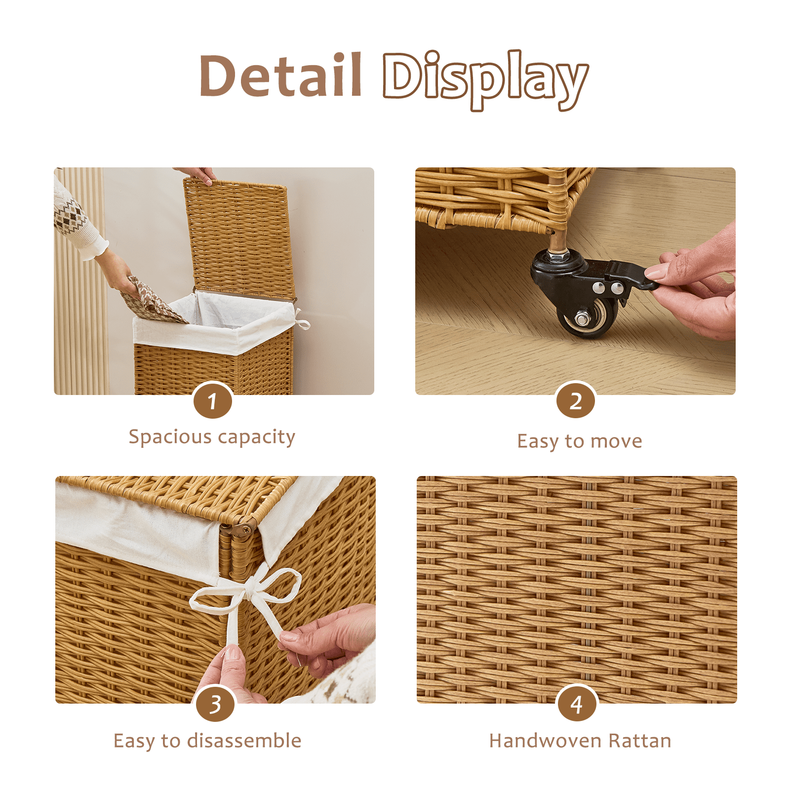 78L Laundry Hamper with Lid and Wheels, Woven Rattan Rolling Laundry Hamper