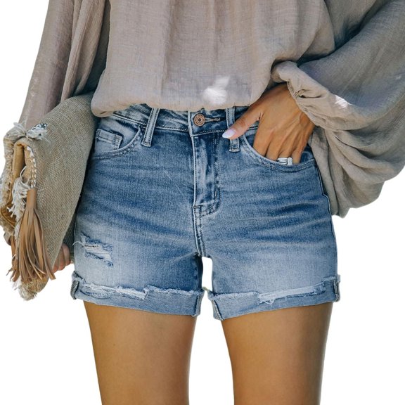 Mid Rise Ripped Denim Shorts – Frayed Cuffed Hem Casual Jean Shorts with 5 Pockets