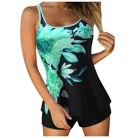 swim suits for women 2025 Womens Plus Size Tankini Swimsuits Two Piece Bathing Suits Flowy Swim Tops with Boy Shorts Swimwear 2 pcs Bathing Suits Swim Tank Top with Boyshorts #03 Mint Green L