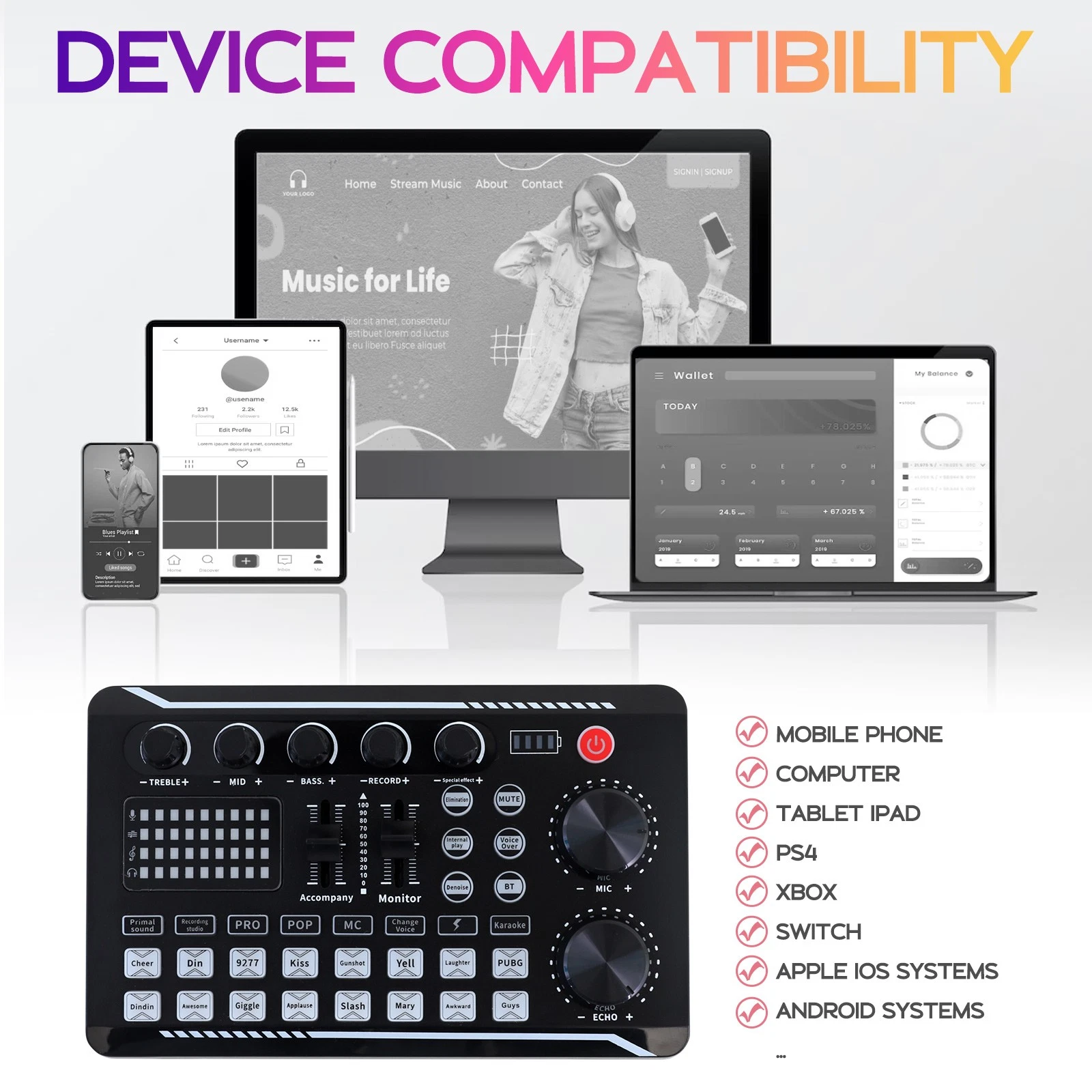 Studio Recording Kit Podcast Music Mixer Equipment Condenser Microphone BM-800