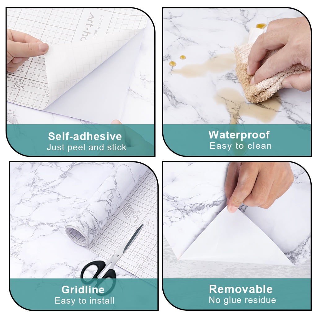 Arthome Marble Paper,23.6x200 inch Self Adhesive Wallpaper Waterproof Gloss PVC Vinyl, Oil Proof,White/Gray Granite Paper,Marble Vinyl Paper for Furniture Cover Surface,Countertop,Kitchen,Shelf Liner