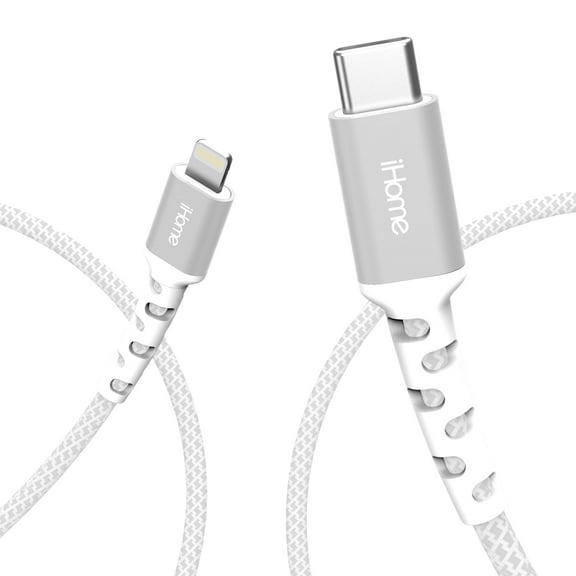 iHome Nylon Braided Lightning to USB-C Cable, White, 6'